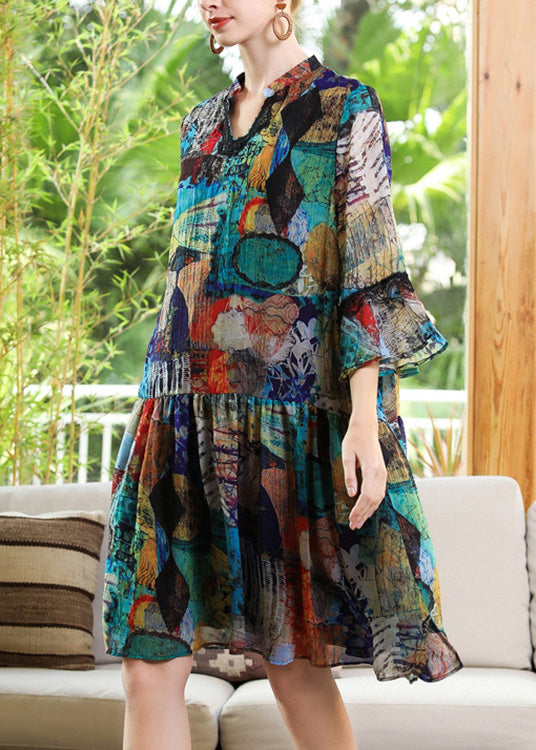 Mandarin Collar Lace Trim Bell Sleeve Abstract Print Smock Dress