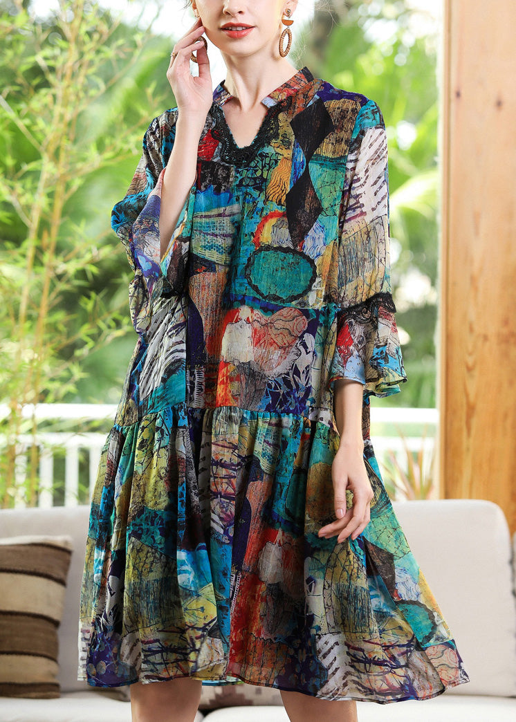 Mandarin Collar Lace Trim Bell Sleeve Abstract Print Smock Dress