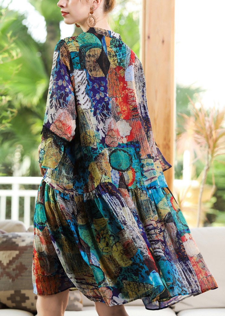 Mandarin Collar Lace Trim Bell Sleeve Abstract Print Smock Dress