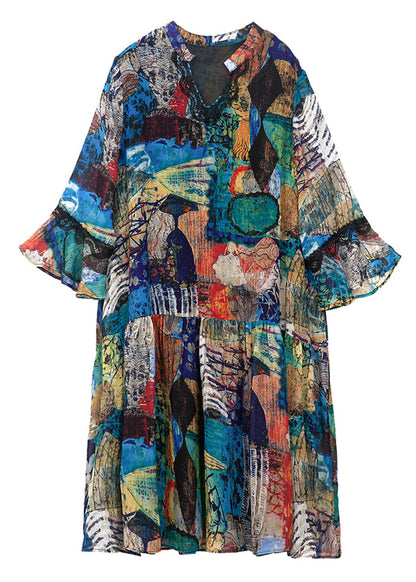 Mandarin Collar Lace Trim Bell Sleeve Abstract Print Smock Dress