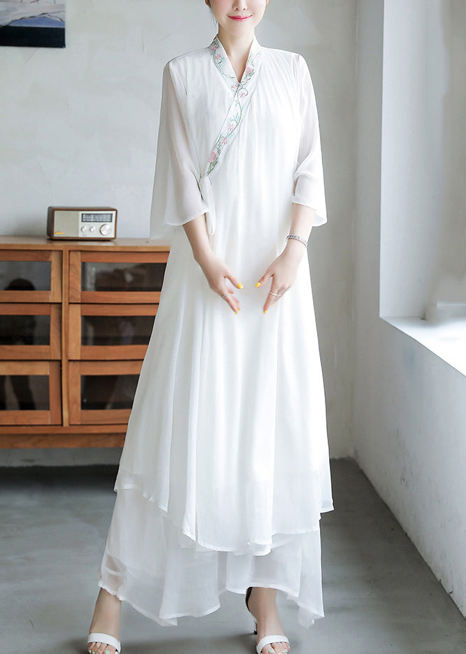 V-Neck Crossover Floral Embroidered Bell Sleeve Tie Waist Layered Chiffon Maxi Gown