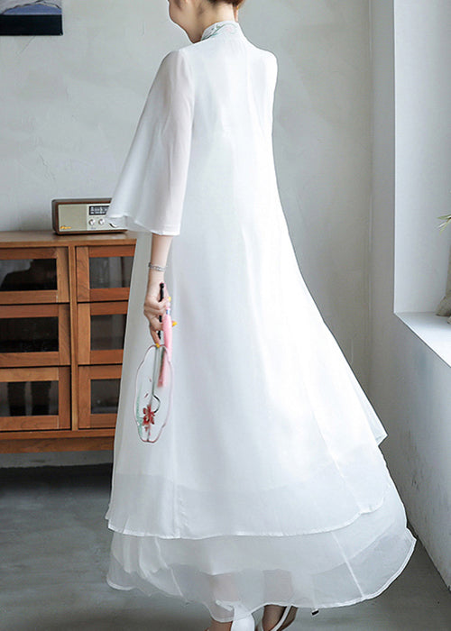 V-Neck Crossover Floral Embroidered Bell Sleeve Tie Waist Layered Chiffon Maxi Gown