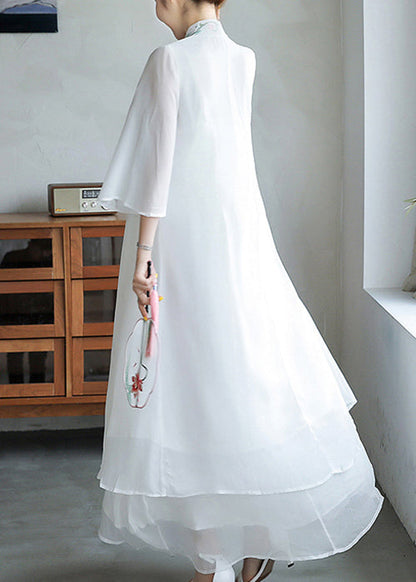 V-Neck Crossover Floral Embroidered Bell Sleeve Tie Waist Layered Chiffon Maxi Gown