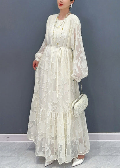 Crew Neck Floral Burnout Sheer Jacquard Ruffle Hem Puff Sleeve Maxi Dress