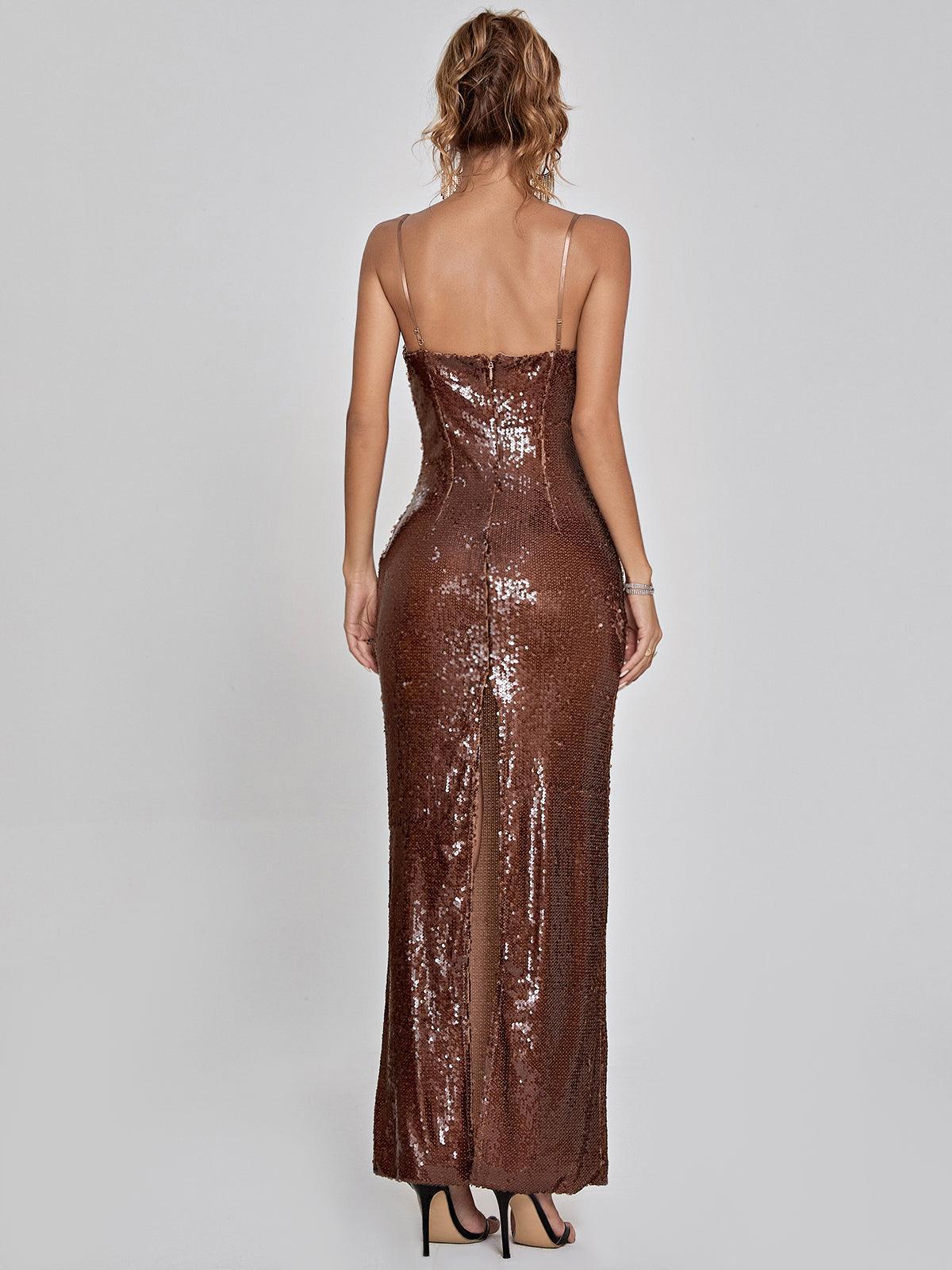 Spaghetti Strap Sweetheart 3D Rosette Sequin Column Maxi Dress