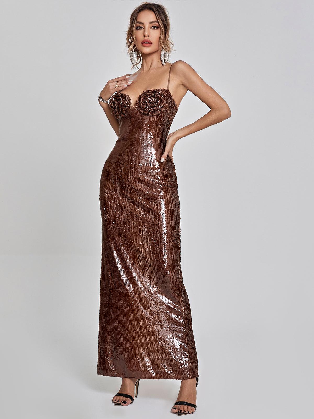 Spaghetti Strap Sweetheart 3D Rosette Sequin Column Maxi Dress
