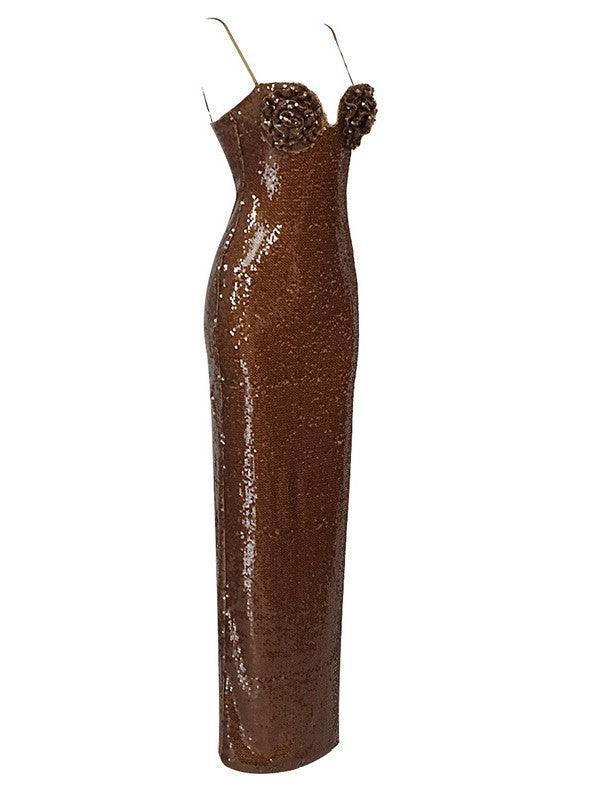 Spaghetti Strap Sweetheart 3D Rosette Sequin Column Maxi Dress