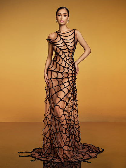Sleeveless Spiderweb Cord Applique Sheer Mesh Circular Train Gown