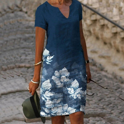Short Sleeve V-Neck Floral Hem Print Shift Midi Dress