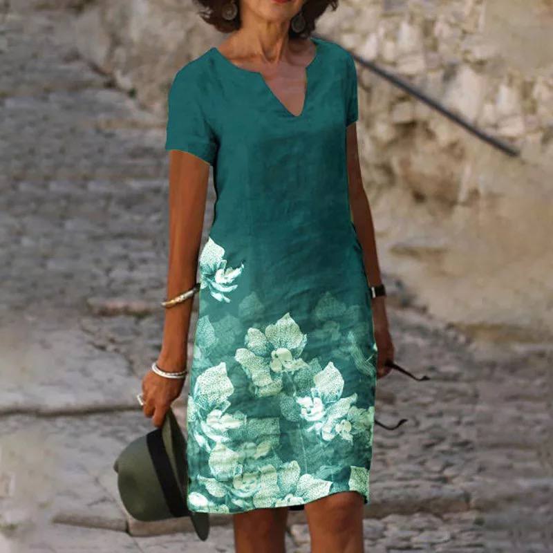 Short Sleeve V-Neck Floral Hem Print Shift Midi Dress