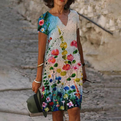 Short Sleeve V-Neck Floral Hem Print Shift Midi Dress
