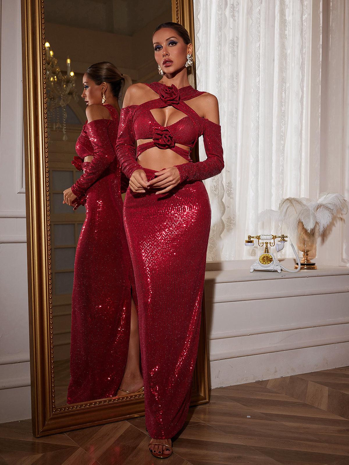Cold Shoulder Cutout Sequin Long Sleeve Rosette Two-Piece Maxi Skirt Set