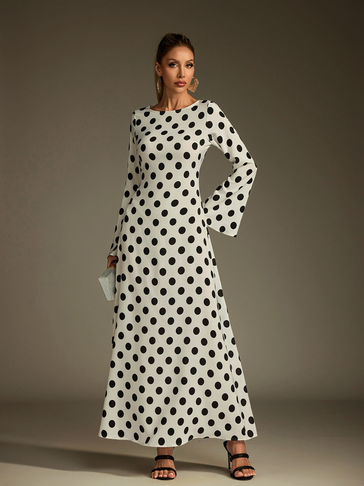 Crew Neck Long Sleeve Bell Cuff Polka Dot Maxi Dress