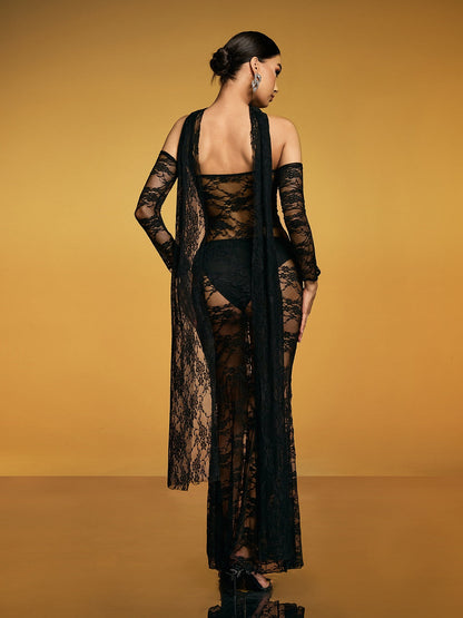 Strapless Floral Lace Cutout High Slit Maxi Gown