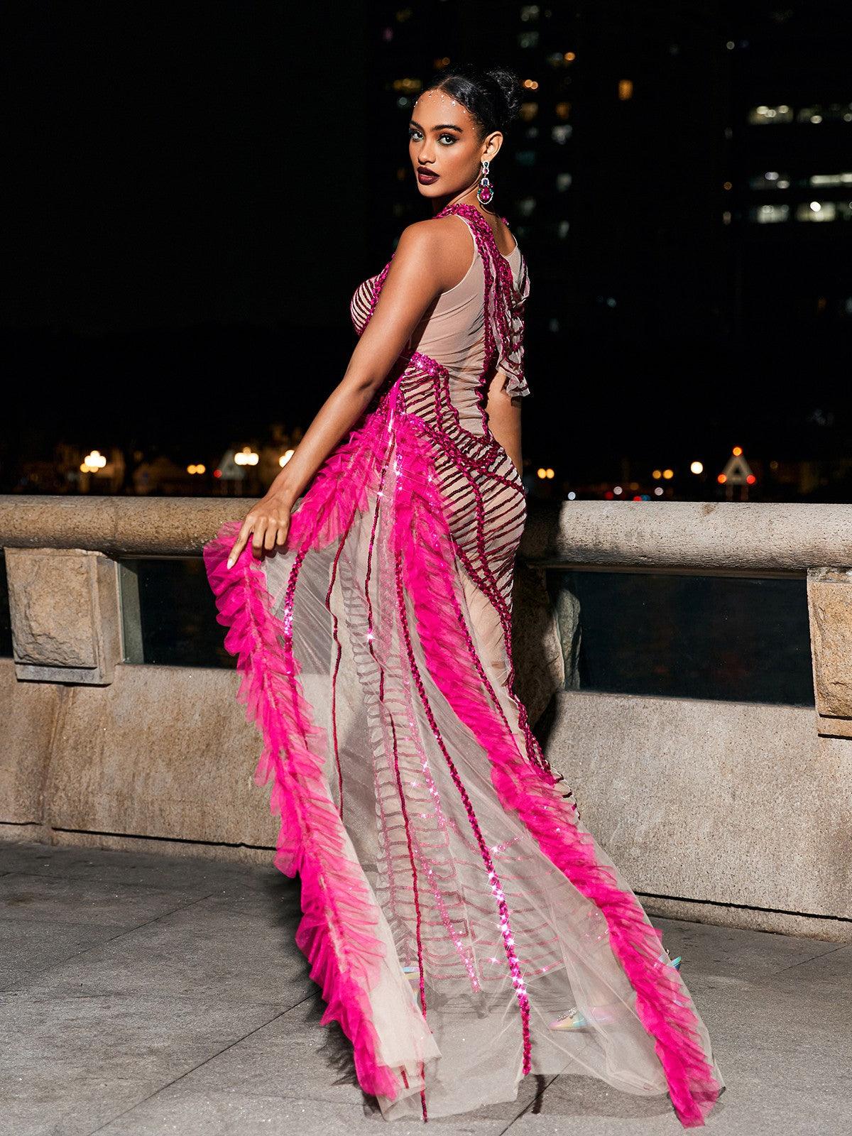 One Shoulder Sequin Wave Mesh Asymmetric Maxi Dress with Ruffle Cape