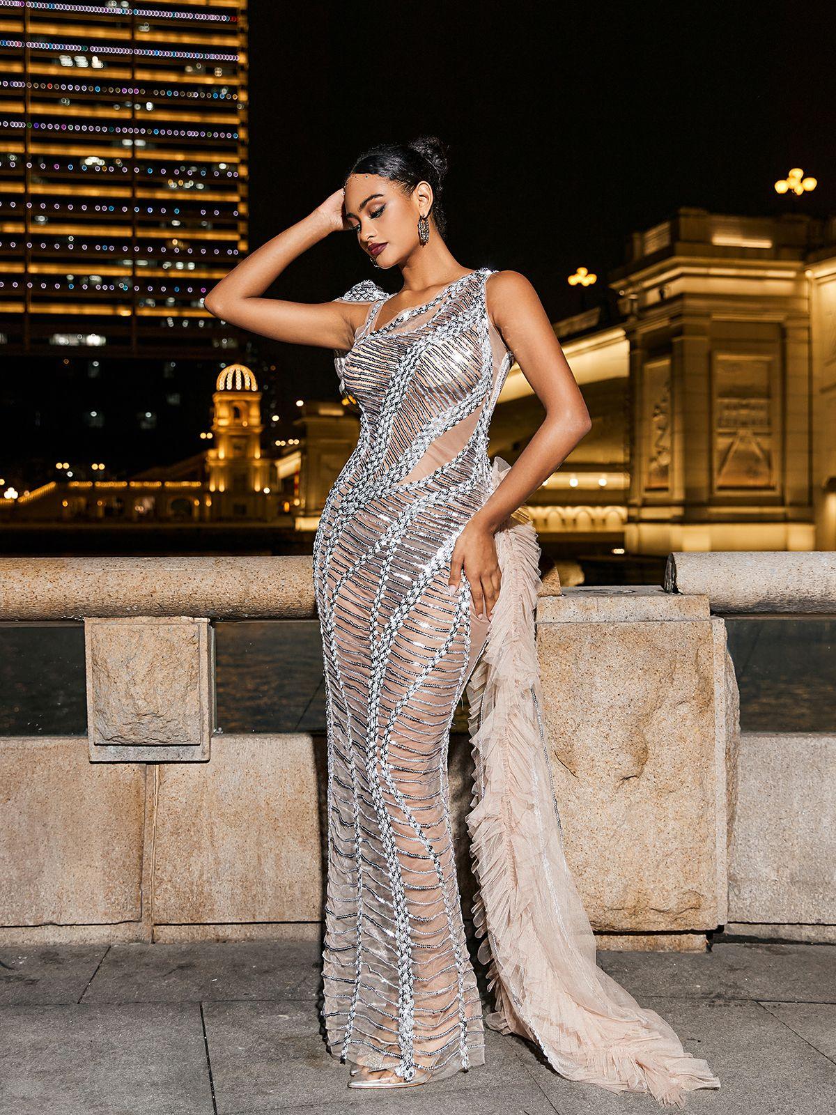 One Shoulder Lattice Cage Overlay Sequin Mesh Cutout Midi Dress