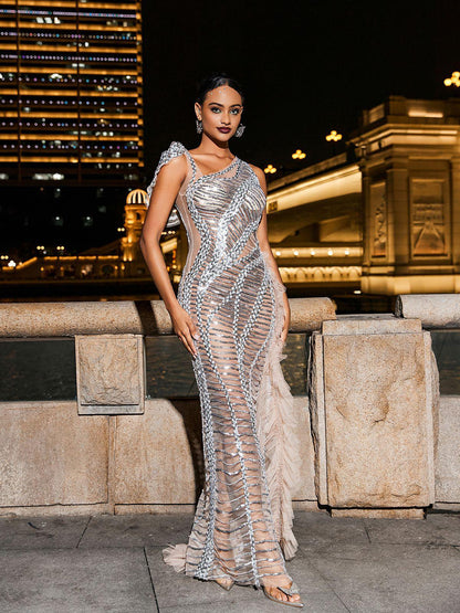 One Shoulder Lattice Cage Overlay Sequin Mesh Cutout Midi Dress