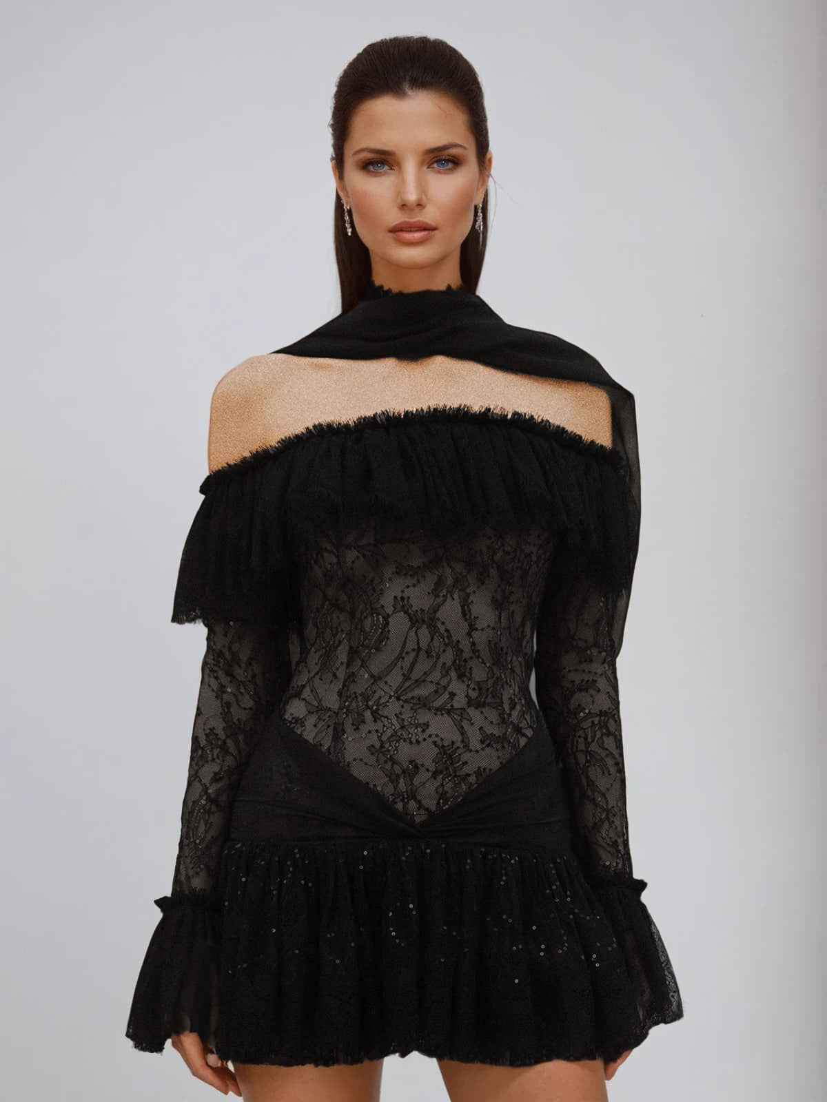 Off Shoulder Choker Neck Lace Ruffle Bell Sleeve Tiered Mini Dress
