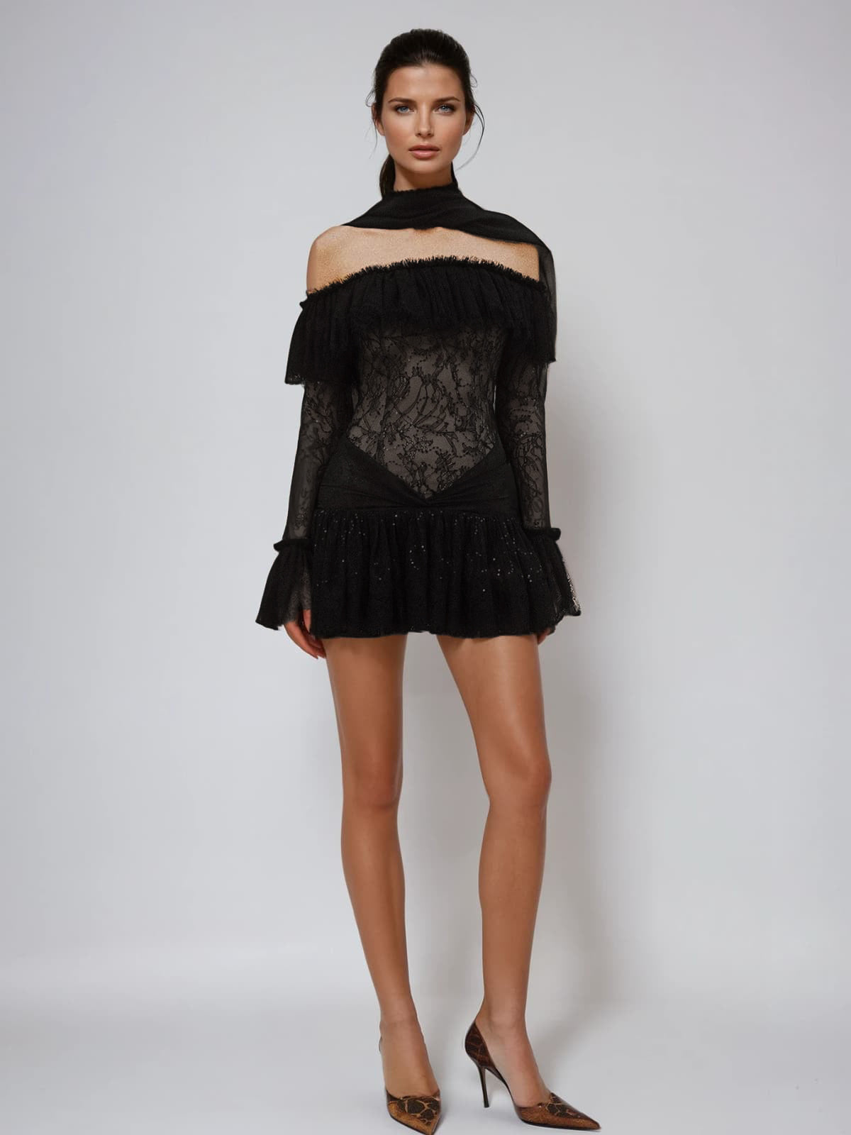 Off Shoulder Choker Neck Lace Ruffle Bell Sleeve Tiered Mini Dress
