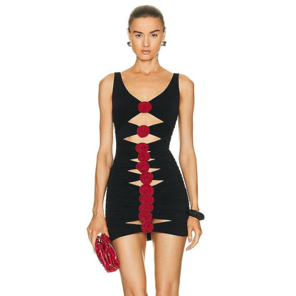 Deep V Neck Vertical Cutout 3D Rosette Applique Bodycon Mini Dress