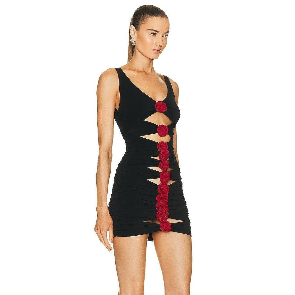 Deep V Neck Vertical Cutout 3D Rosette Applique Bodycon Mini Dress