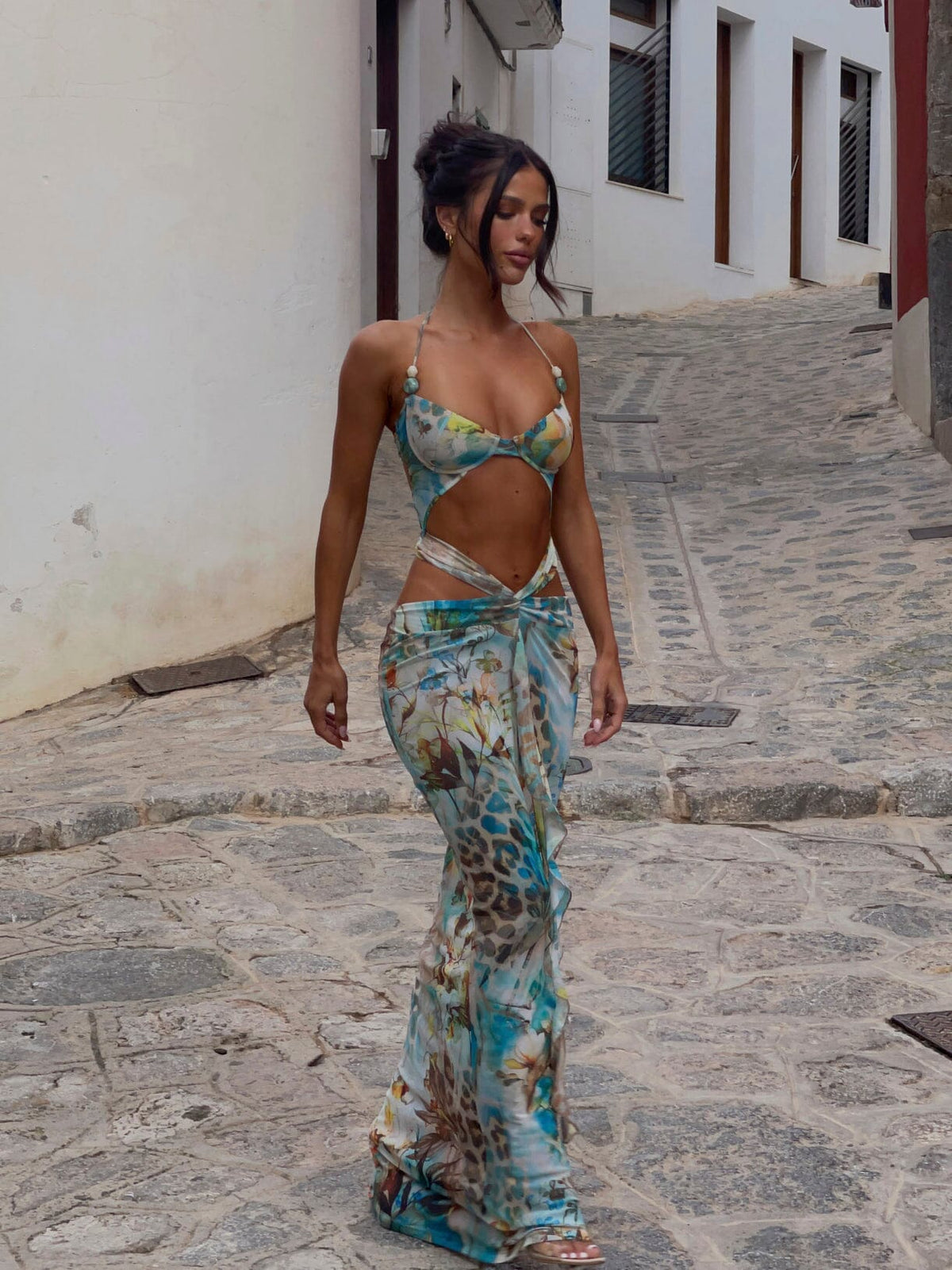Mixed Print Halter Underwire Cutout Wrap Maxi Dress