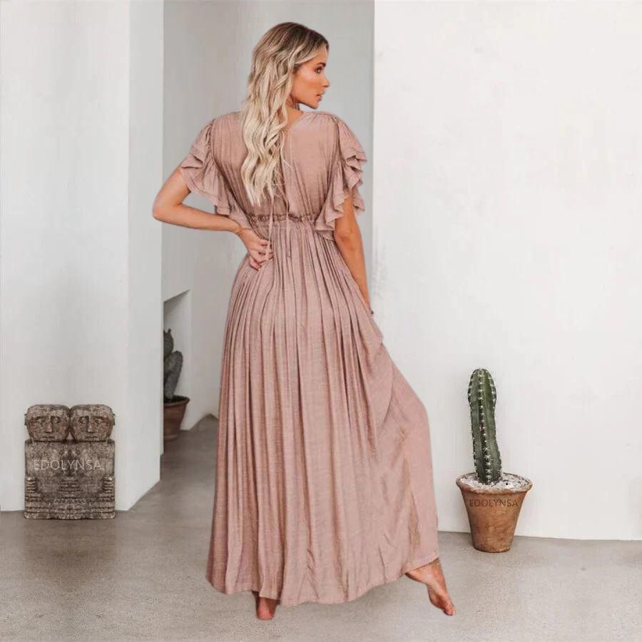 Deep V Neck Flutter Sleeve Drawstring Button Front Maxi Dress
