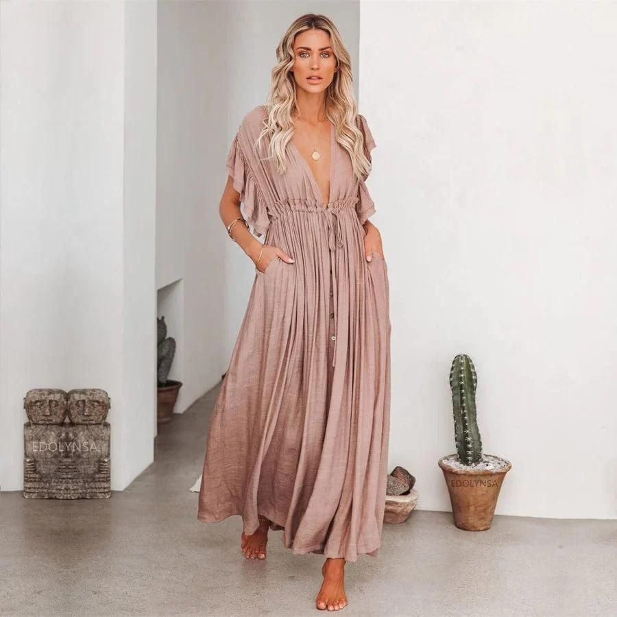 Deep V Neck Flutter Sleeve Drawstring Button Front Maxi Dress