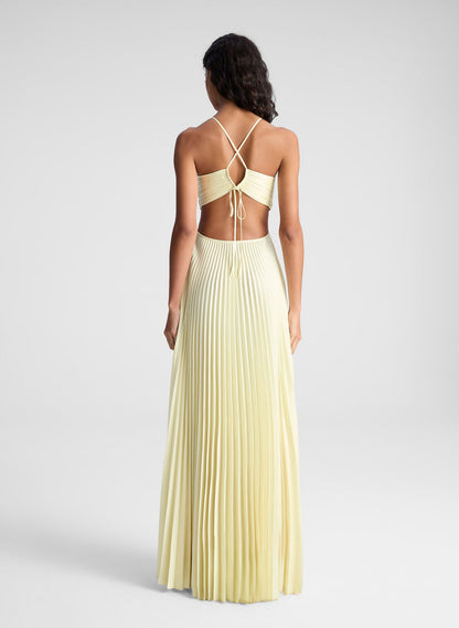 Halter Crisscross Strap Waist Cutout Accordion Pleat Maxi Dress