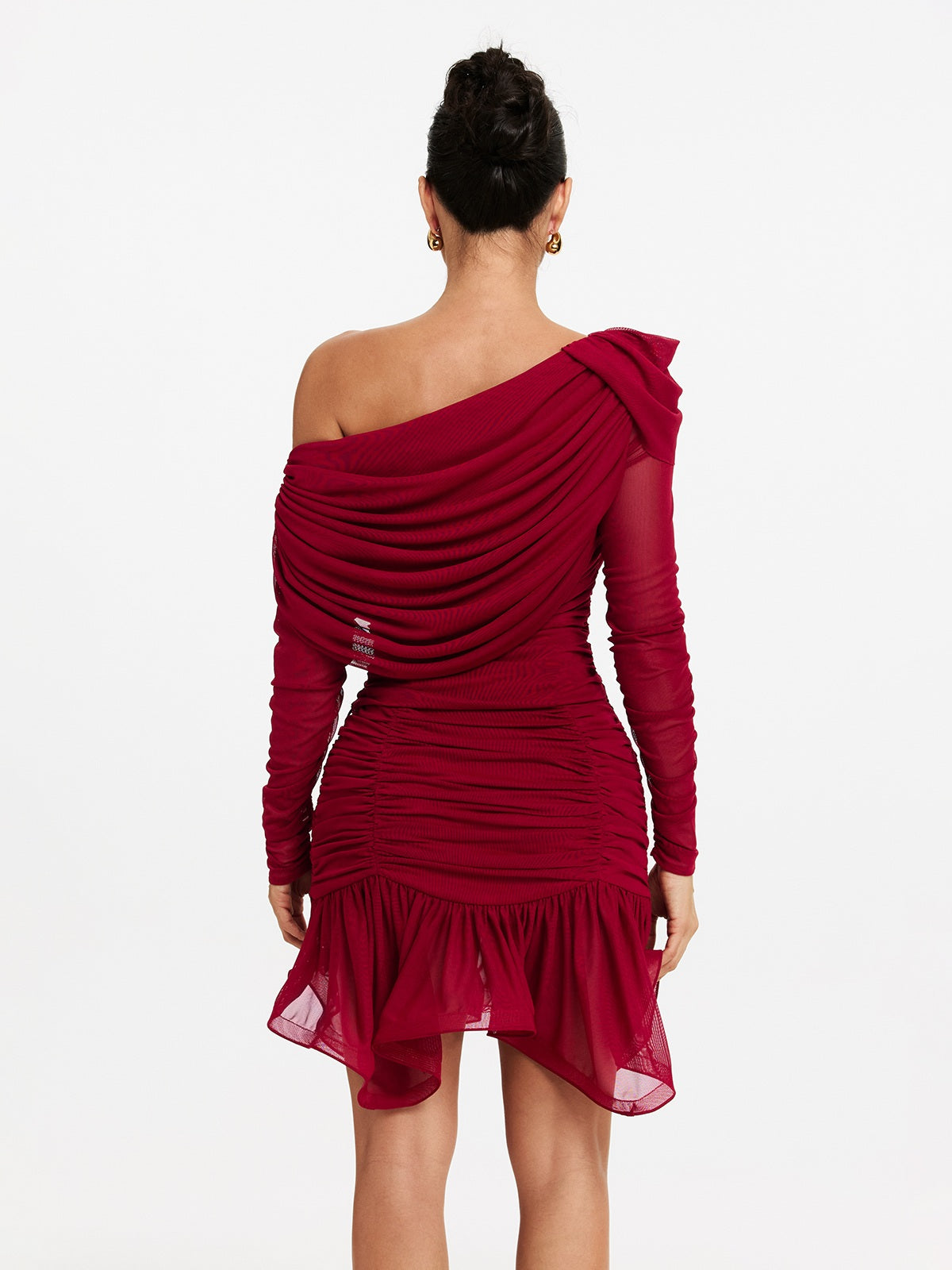 One Shoulder Ruched Mesh Tiered Ruffle Hem Mini Dress