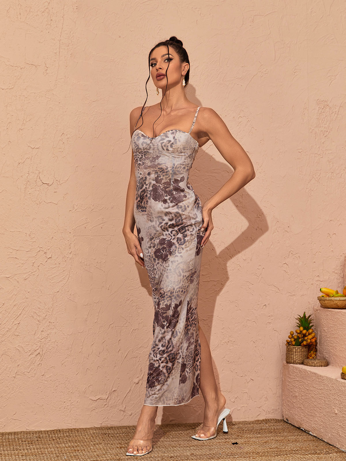 Sweetheart Neck Spaghetti Strap Bustier Floral Print Bodycon Maxi Dress