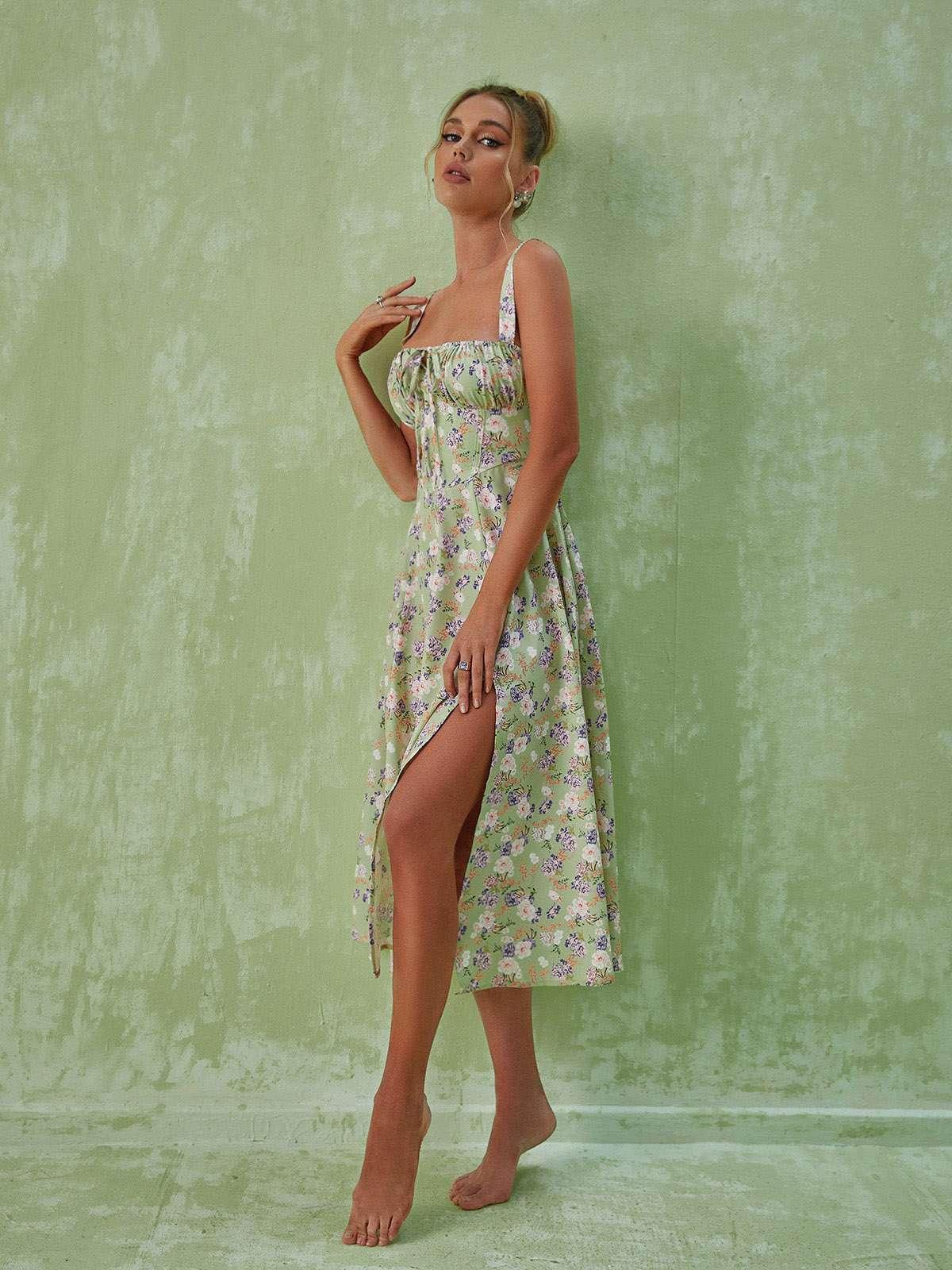 Spaghetti Strap Floral Print High Slit Midi Dress