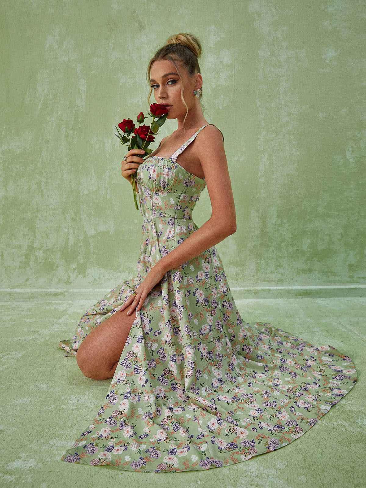 Spaghetti Strap Floral Print High Slit Midi Dress