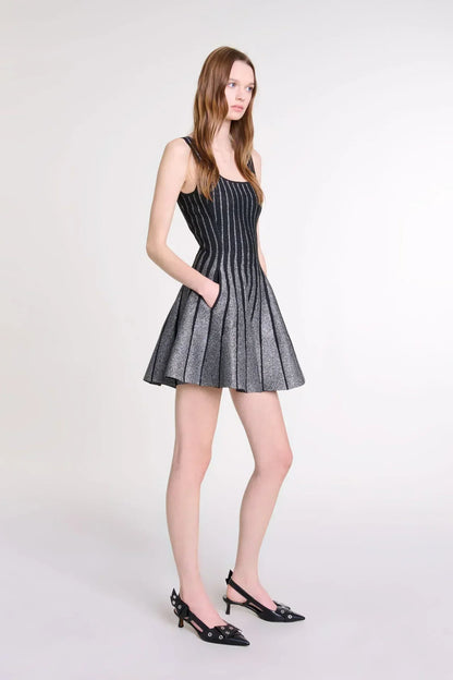Metallic Striped Knit Square Neck Fit Flare Mini Dress