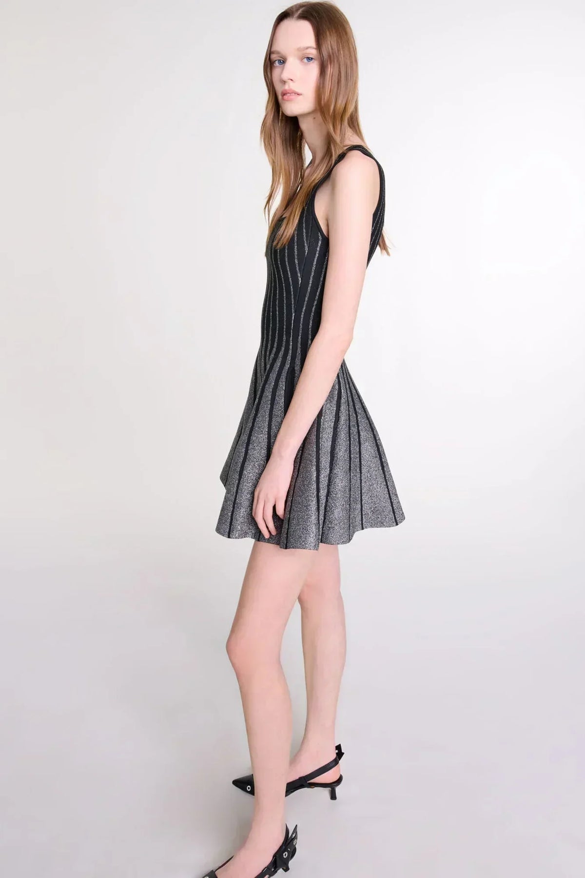 Metallic Striped Knit Square Neck Fit Flare Mini Dress