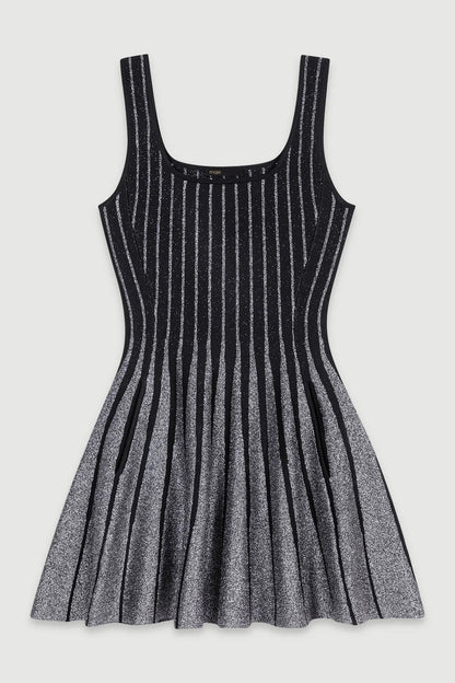 Metallic Striped Knit Square Neck Fit Flare Mini Dress