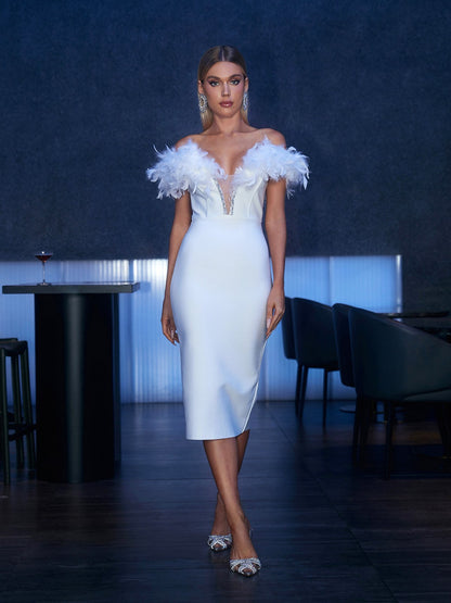 Off-Shoulder Deep V-Neck Feather Trim Rhinestone Bodycon Midi Dress