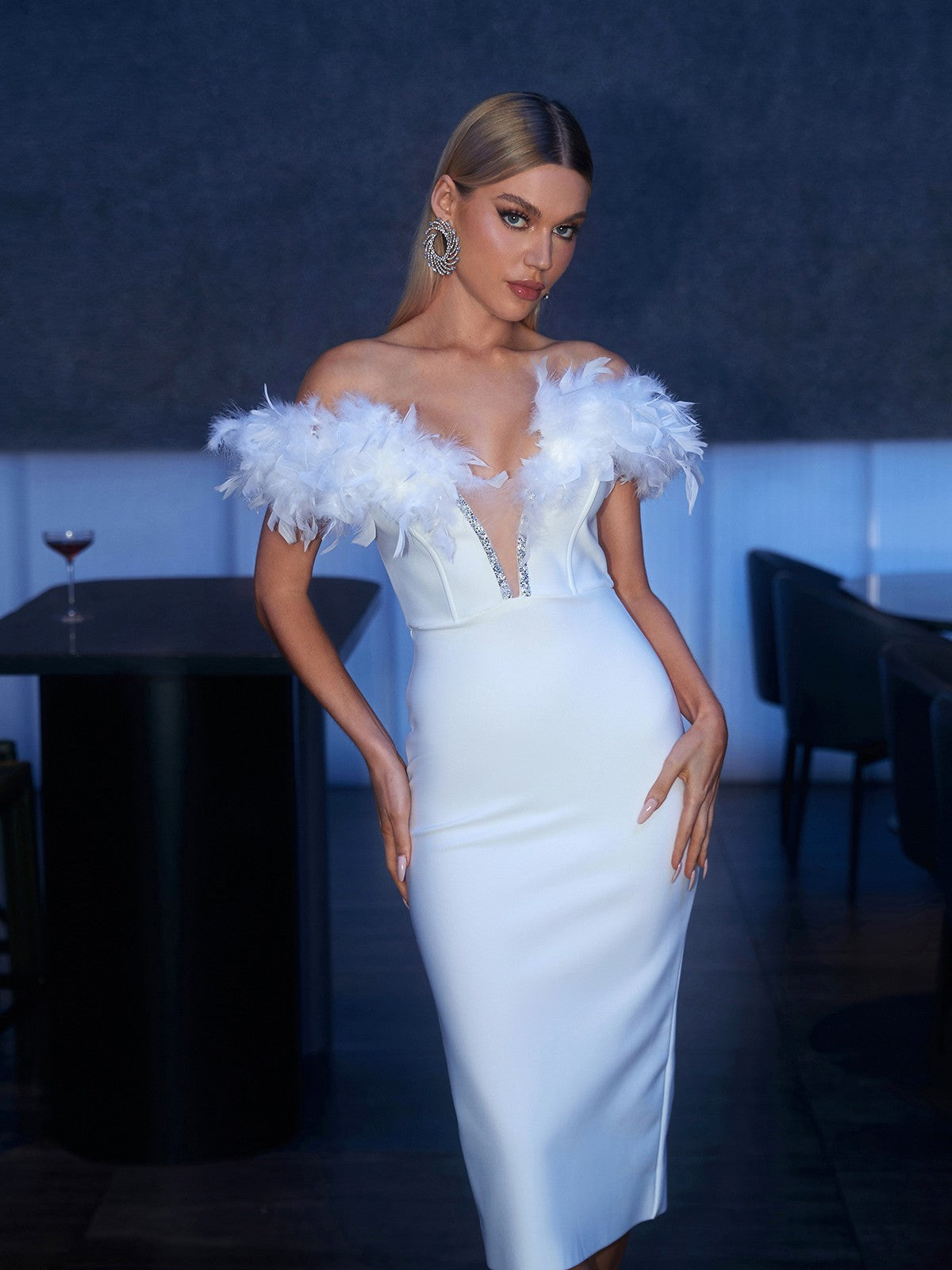 Off-Shoulder Deep V-Neck Feather Trim Rhinestone Bodycon Midi Dress