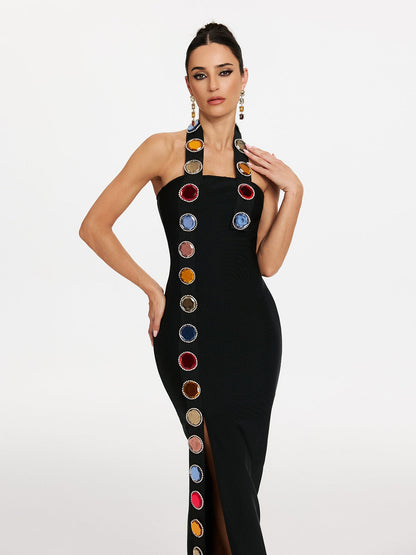 Halter Neck Diamond Split Panel Bandage Midi Dress