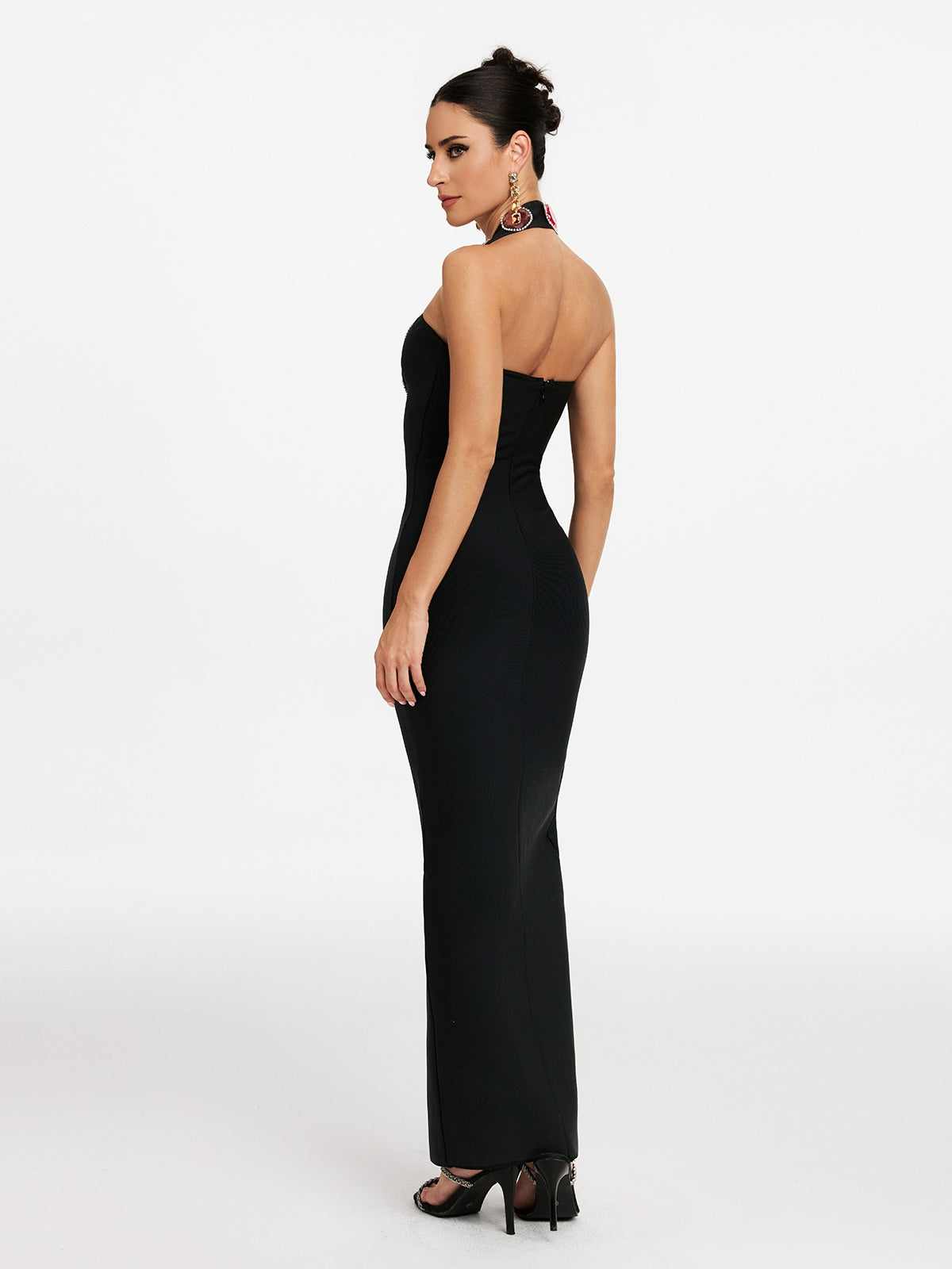 Halter Neck Diamond Split Panel Bandage Midi Dress