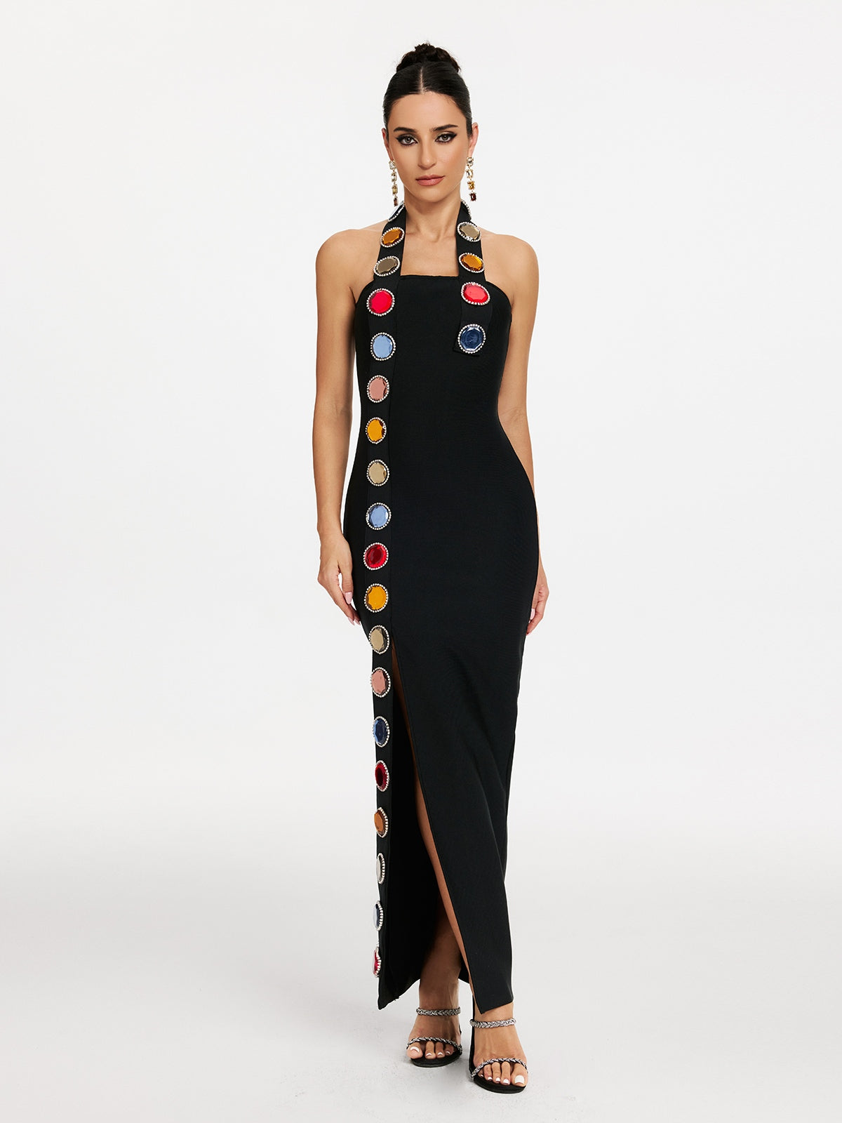 Halter Neck Diamond Split Panel Bandage Midi Dress