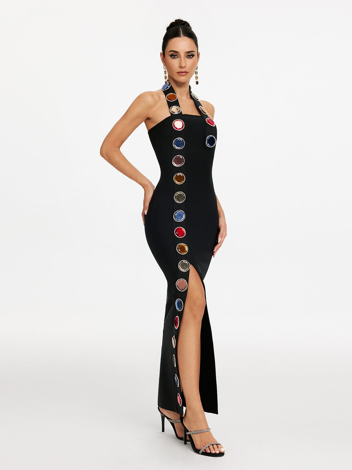 Halter Neck Diamond Split Panel Bandage Midi Dress