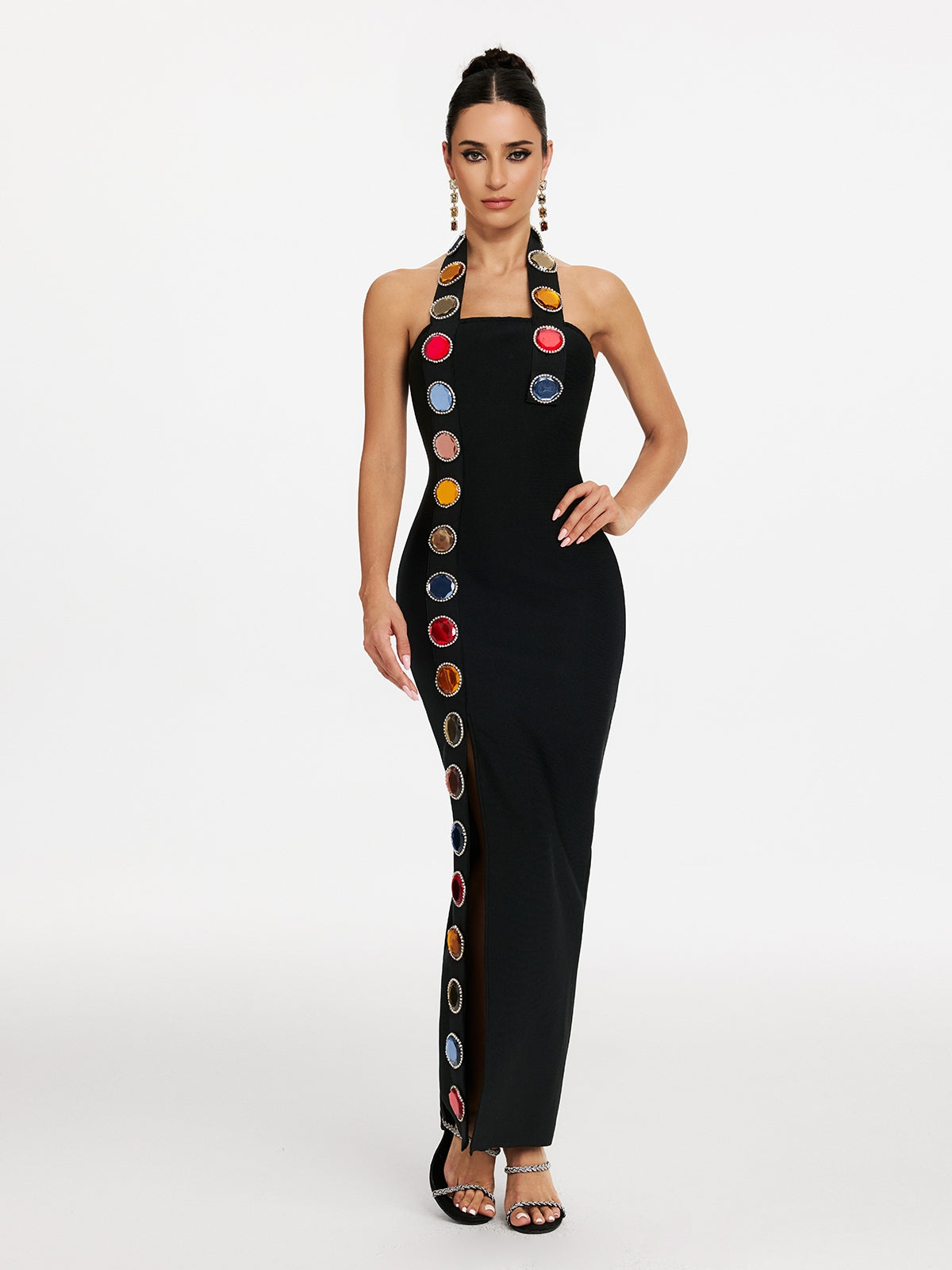 Halter Neck Diamond Split Panel Bandage Midi Dress