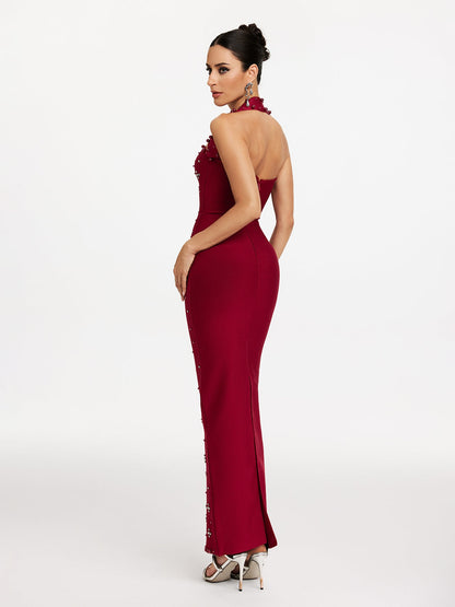 Halter Neck Pearl Stud Rhinestone Cluster Bandage Column Maxi Dress
