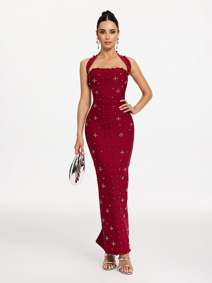Halter Neck Pearl Stud Rhinestone Cluster Bandage Column Maxi Dress