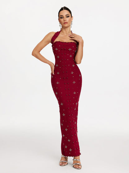 Halter Neck Pearl Stud Rhinestone Cluster Bandage Column Maxi Dress