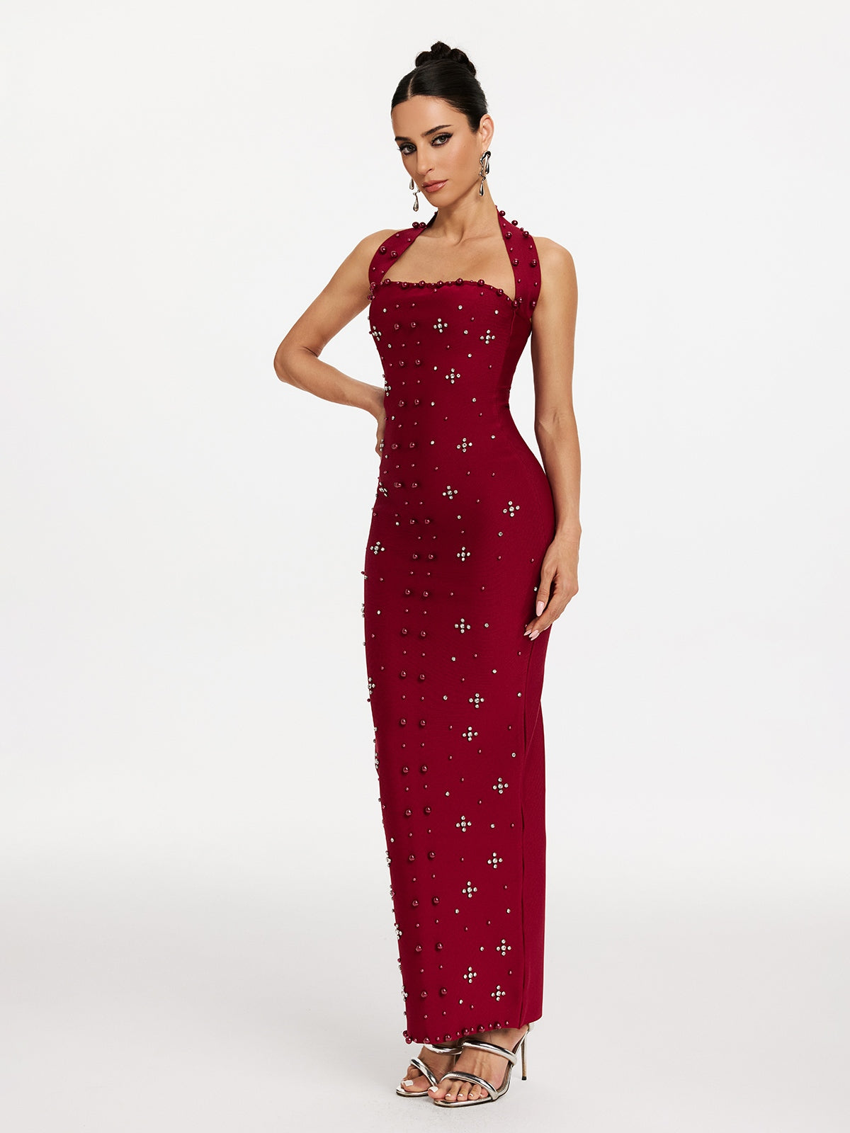 Halter Neck Pearl Stud Rhinestone Cluster Bandage Column Maxi Dress