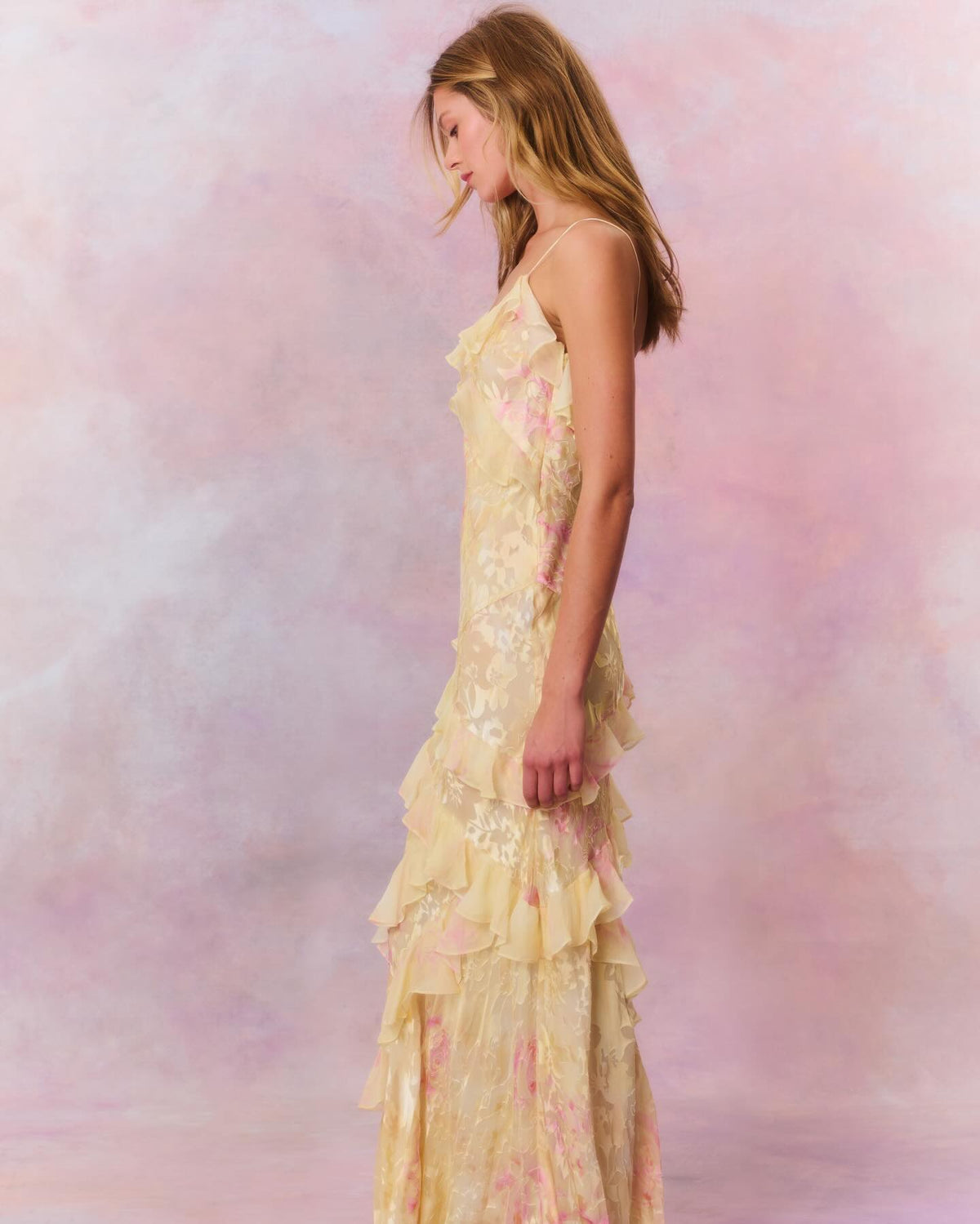 Floral Jacquard Print Spaghetti Strap Cascading Ruffle Trim Maxi Slip Dress