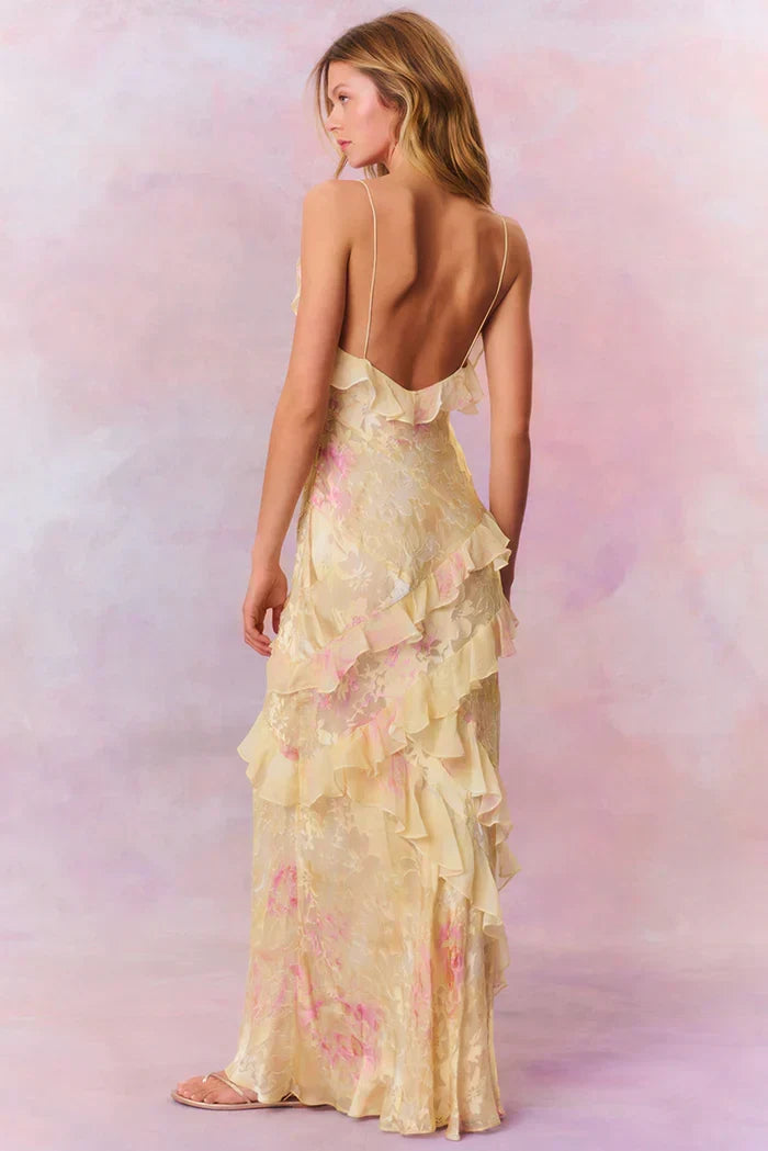 Floral Jacquard Print Spaghetti Strap Cascading Ruffle Trim Maxi Slip Dress