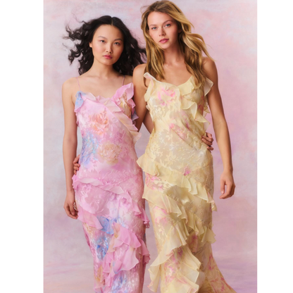 Floral Jacquard Print Spaghetti Strap Cascading Ruffle Trim Maxi Slip Dress